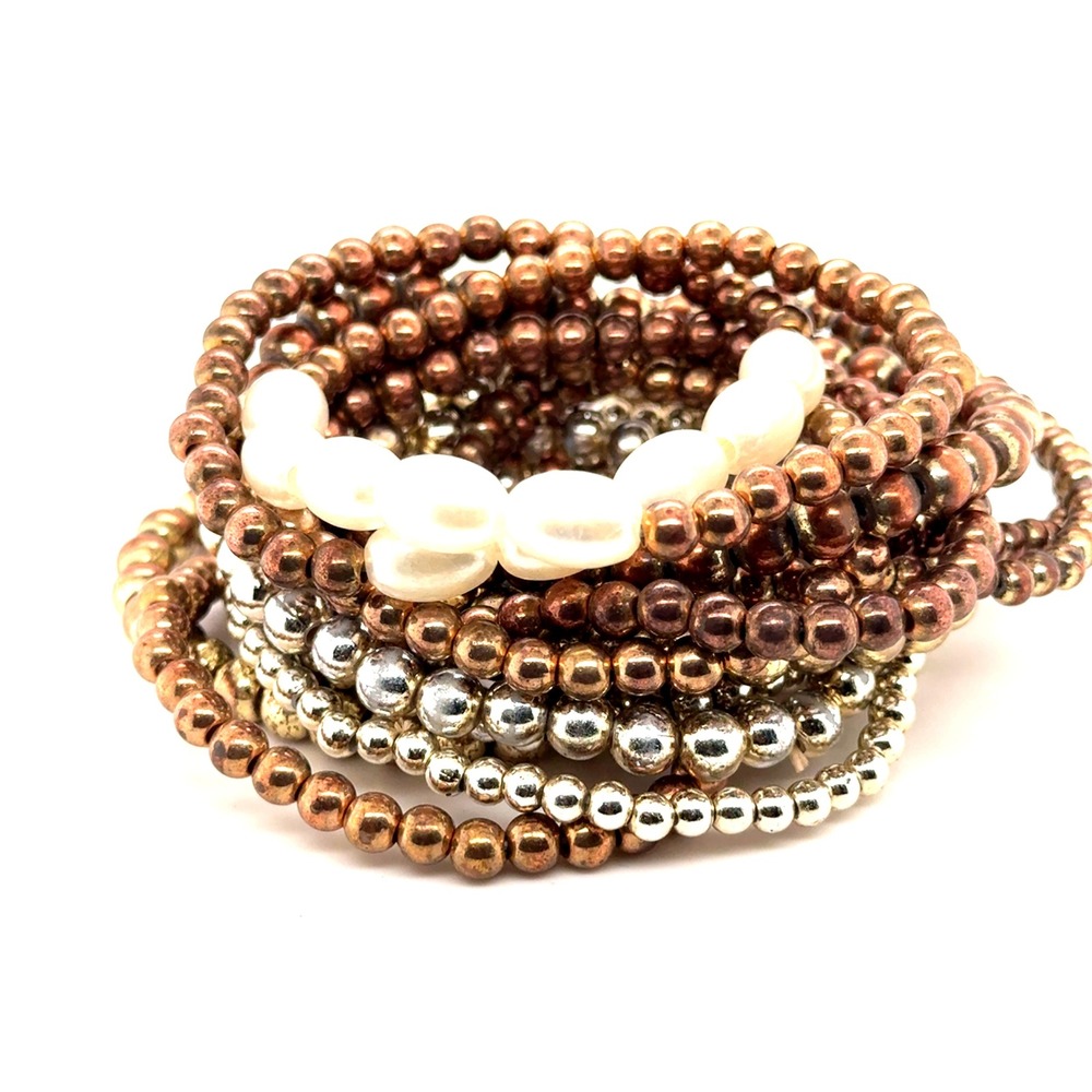 Lot of 15 Metallic Beaded Stretch Bracelets Mixed Gold Silver Copper Faux Pearl